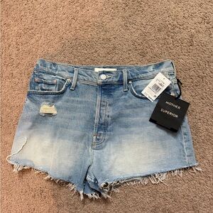 MOTHER Blue Jean Shorts with Distressed Hem
